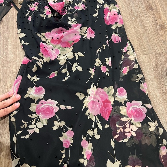 Vintage fairy core asymmetrical strap and hem black with pink floral midi dress - Picture 10 of 10